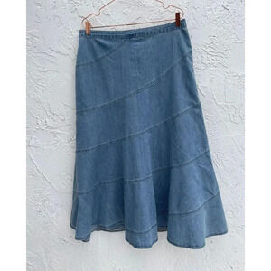 Christina Zinn 5 Tierred Denim Long Modest Asymmetrical Flare Skirt  Blue Sz 10